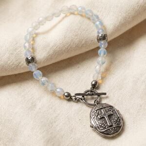 Israel Sterling Silver Cross Locket Charm Opalite Beaded Bracelet